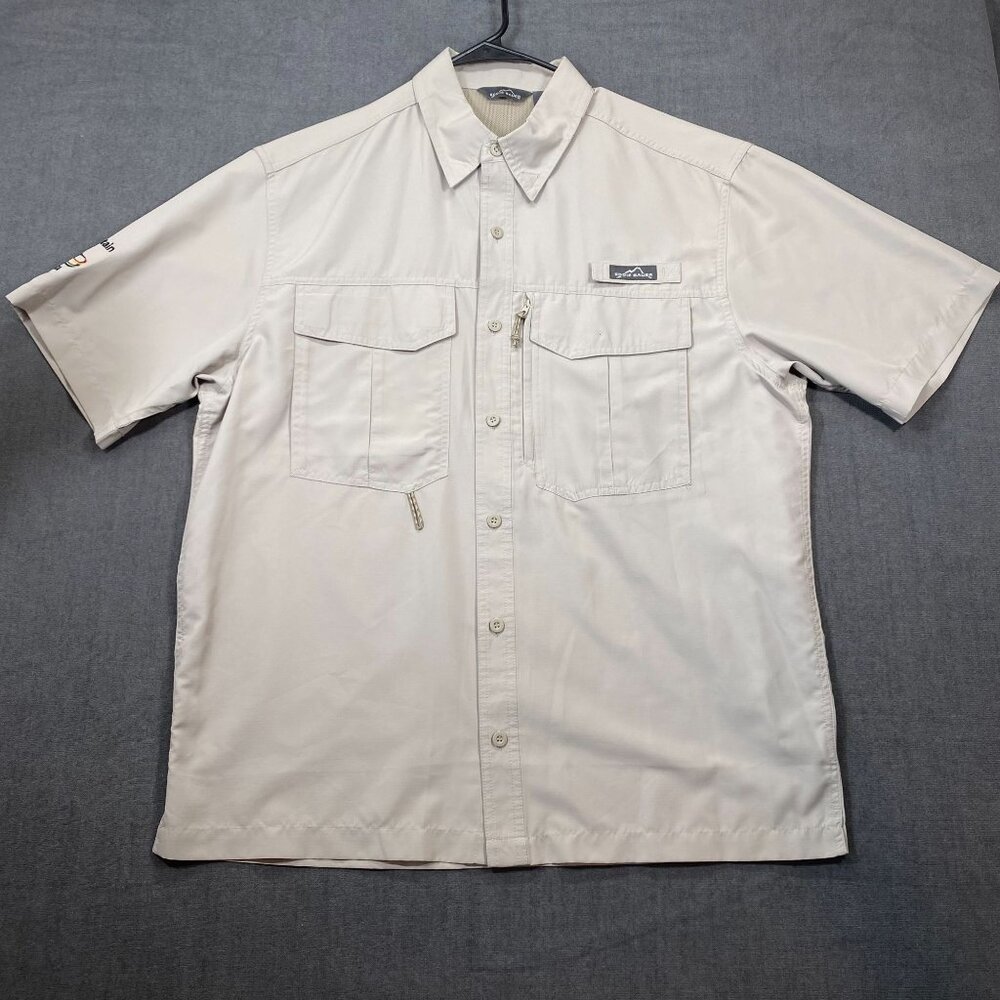Eddie Bauer Mens Beige Short Sleeve Button-Up Shirt Vent Back Size L Polyester